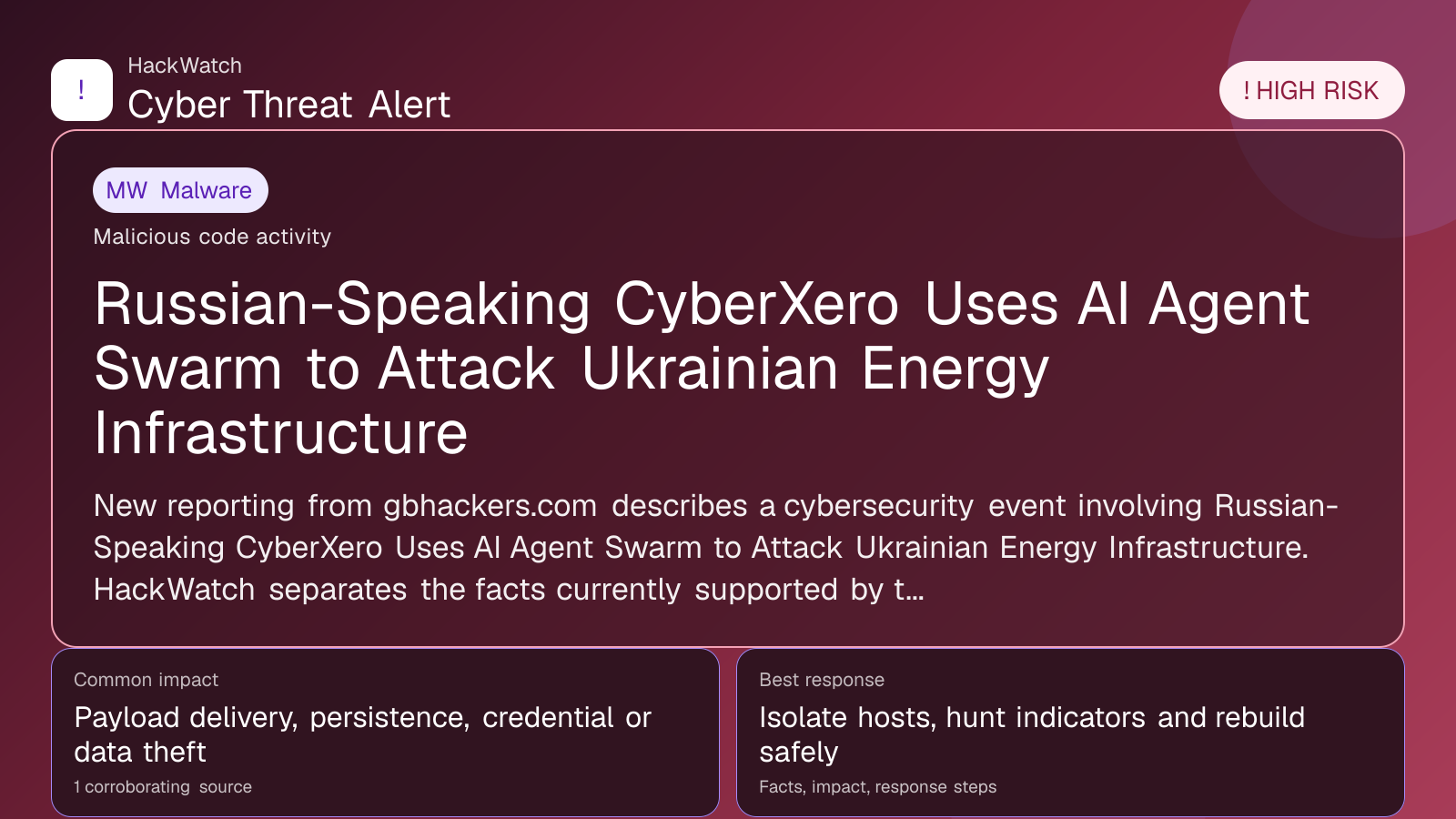 Russian-Speaking CyberXero Uses AI Agent Swarm to Attack Ukrainian Energy Infrastructure - HackWatch malware alert image