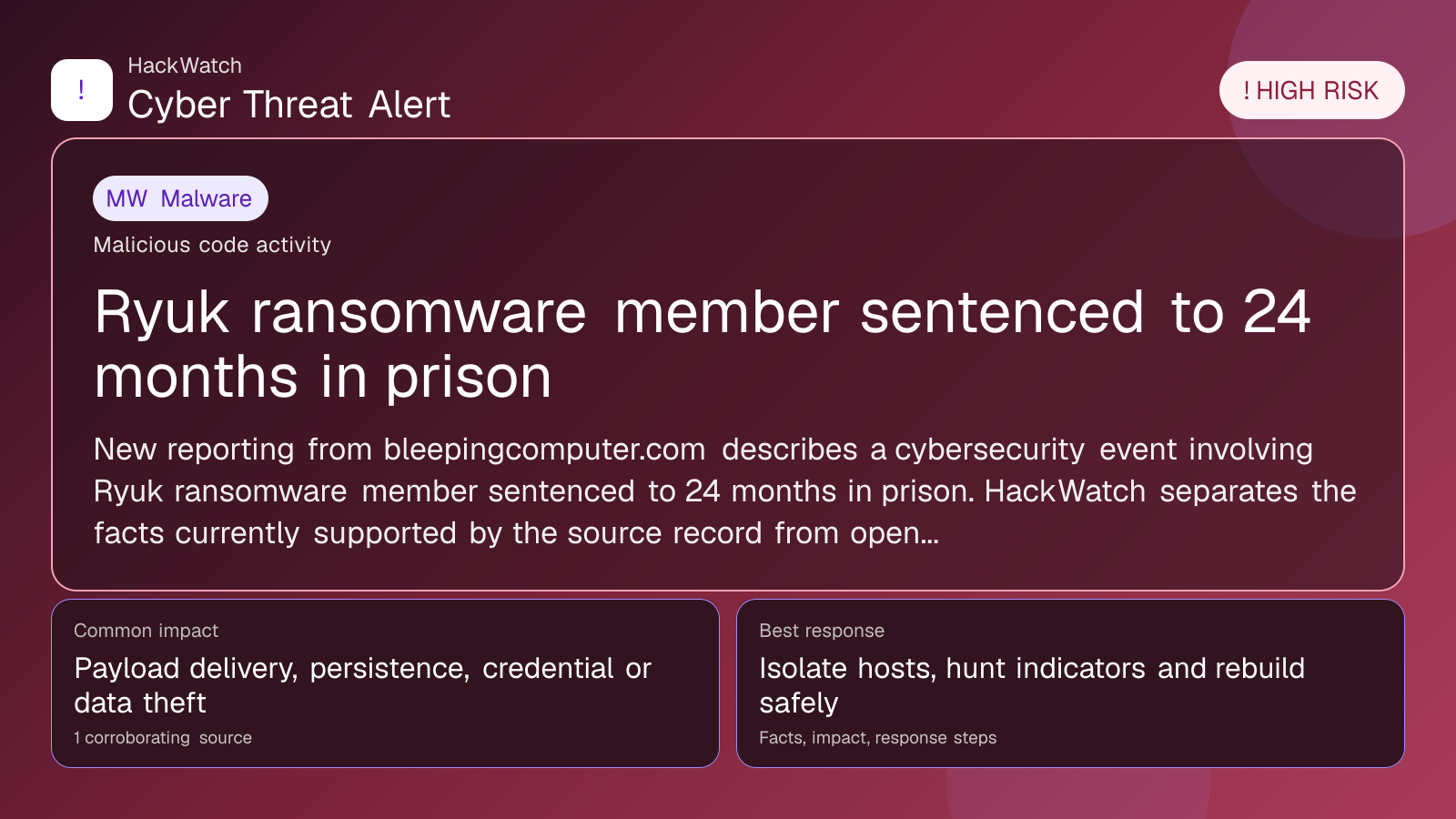 Ryuk ransomware member sentenced to 24 months in prison - HackWatch malware alert image