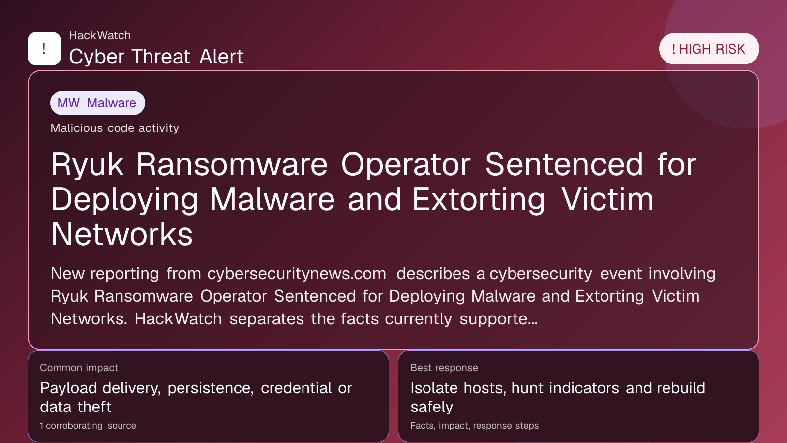Ryuk Ransomware Operator Sentenced for Deploying Malware and Extorting Victim Networks - HackWatch malware alert image