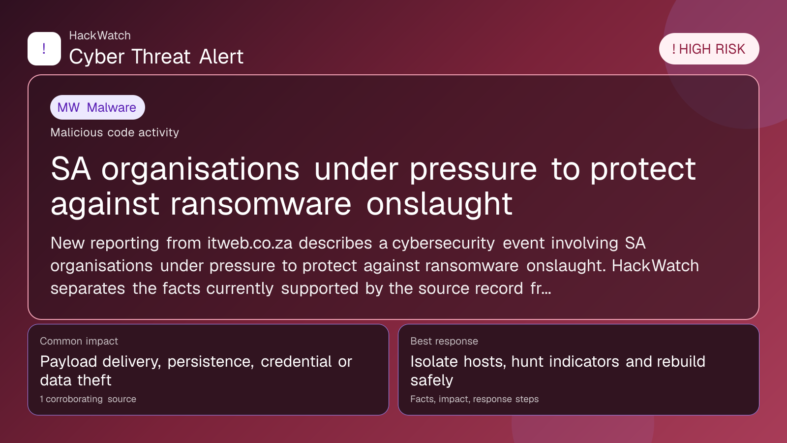 SA organisations under pressure to protect against ransomware onslaught - HackWatch malware alert image