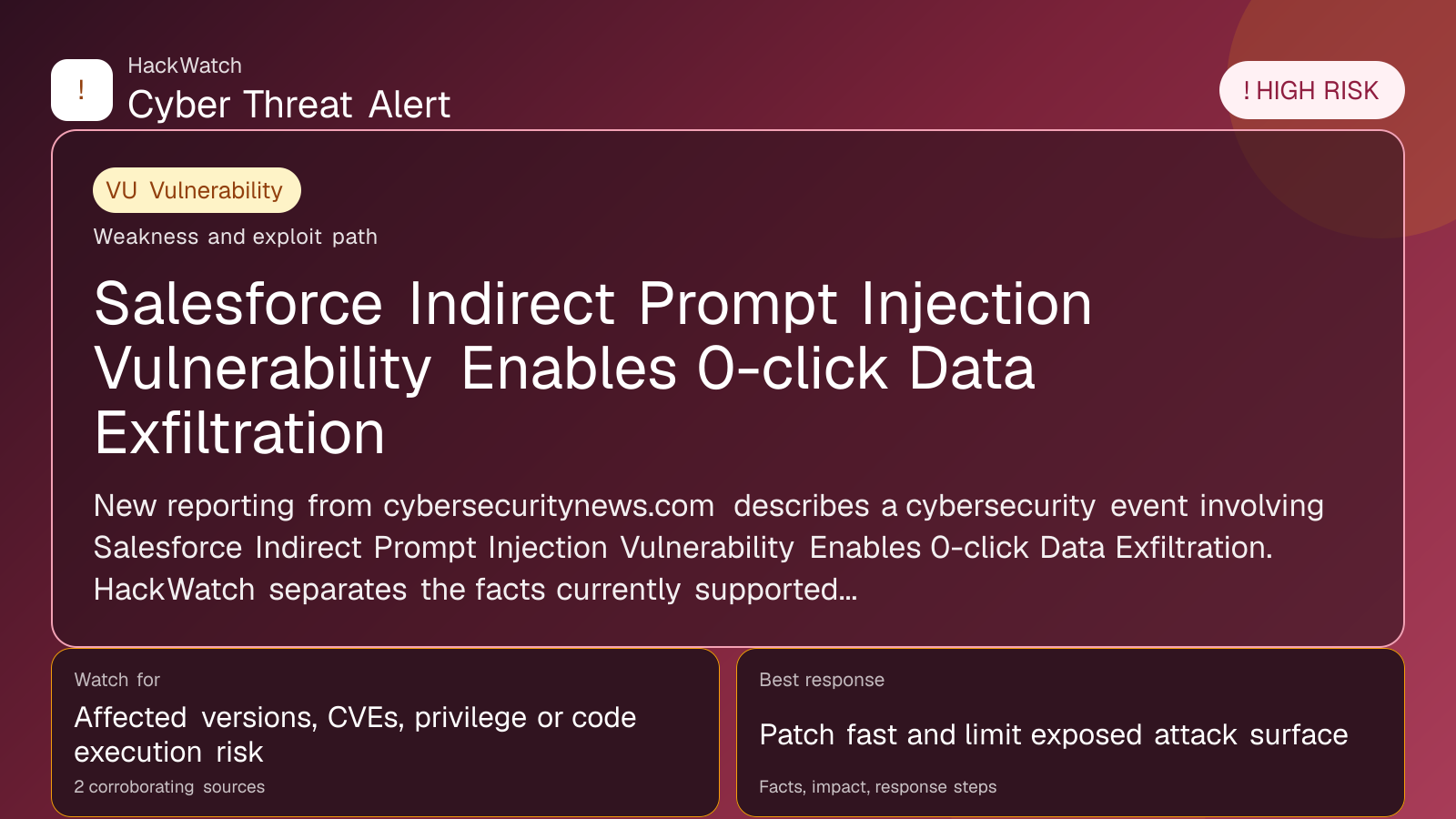 Salesforce Agentforce Flaw Enables 0-Click Data Exfiltration via Prompt Injection - HackWatch vulnerability alert image