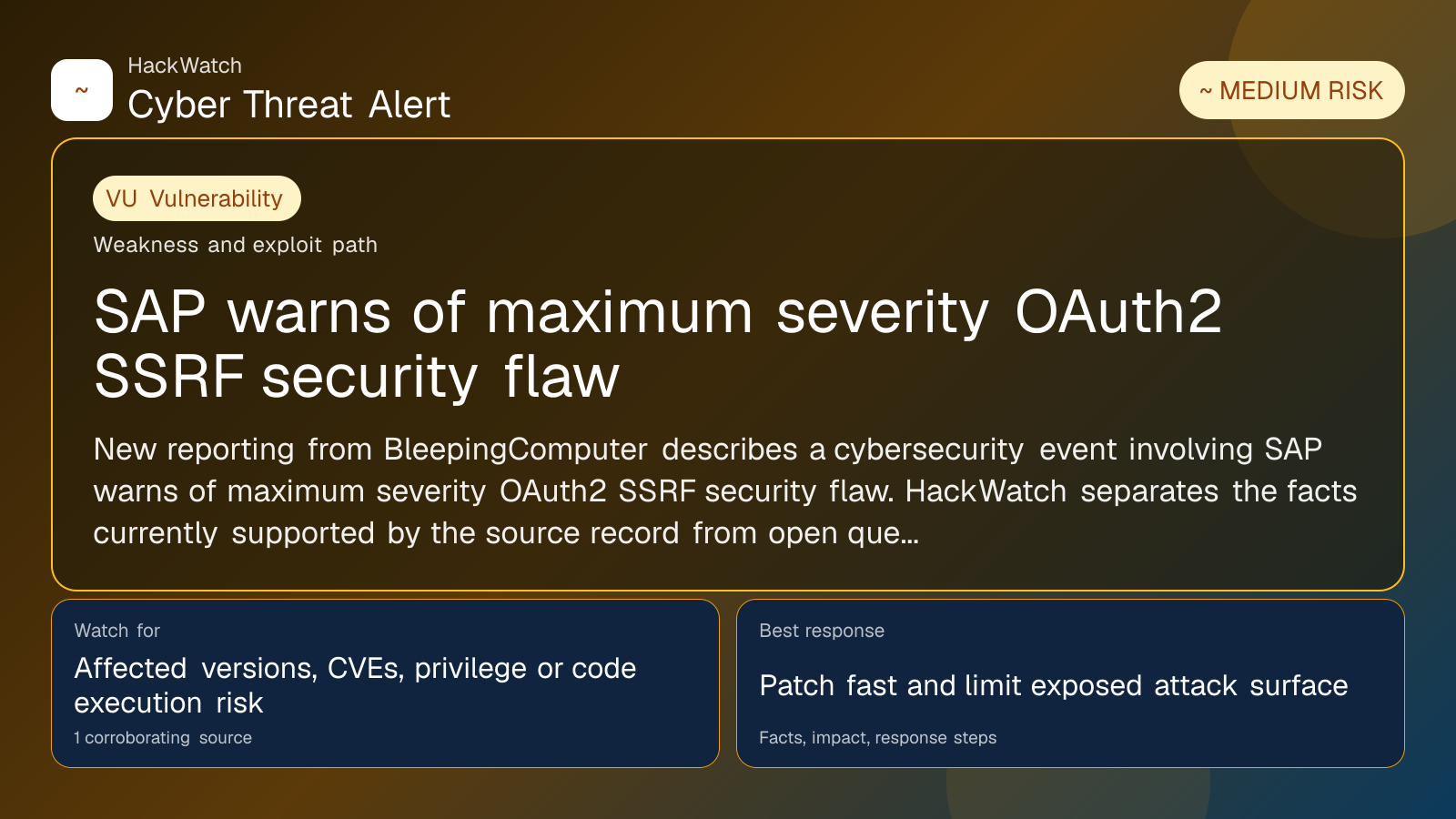 SAP warns of maximum severity OAuth2 SSRF security flaw - HackWatch vulnerability alert image