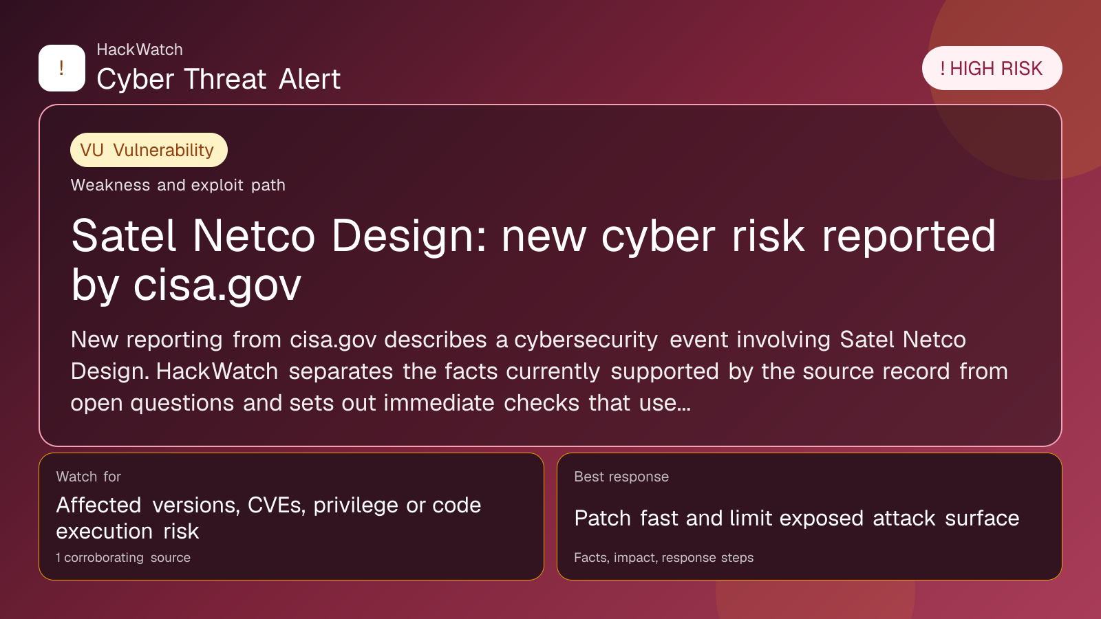 Satel Netco Design: new cyber risk reported by cisa.gov - HackWatch vulnerability alert image
