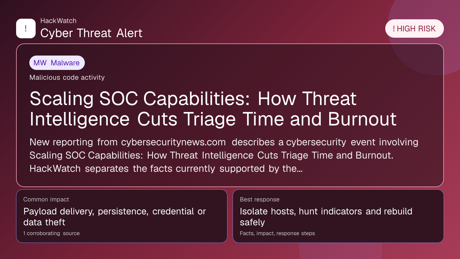Scaling SOC Capabilities: How Threat Intelligence Cuts Triage Time and Burnout - HackWatch malware alert image