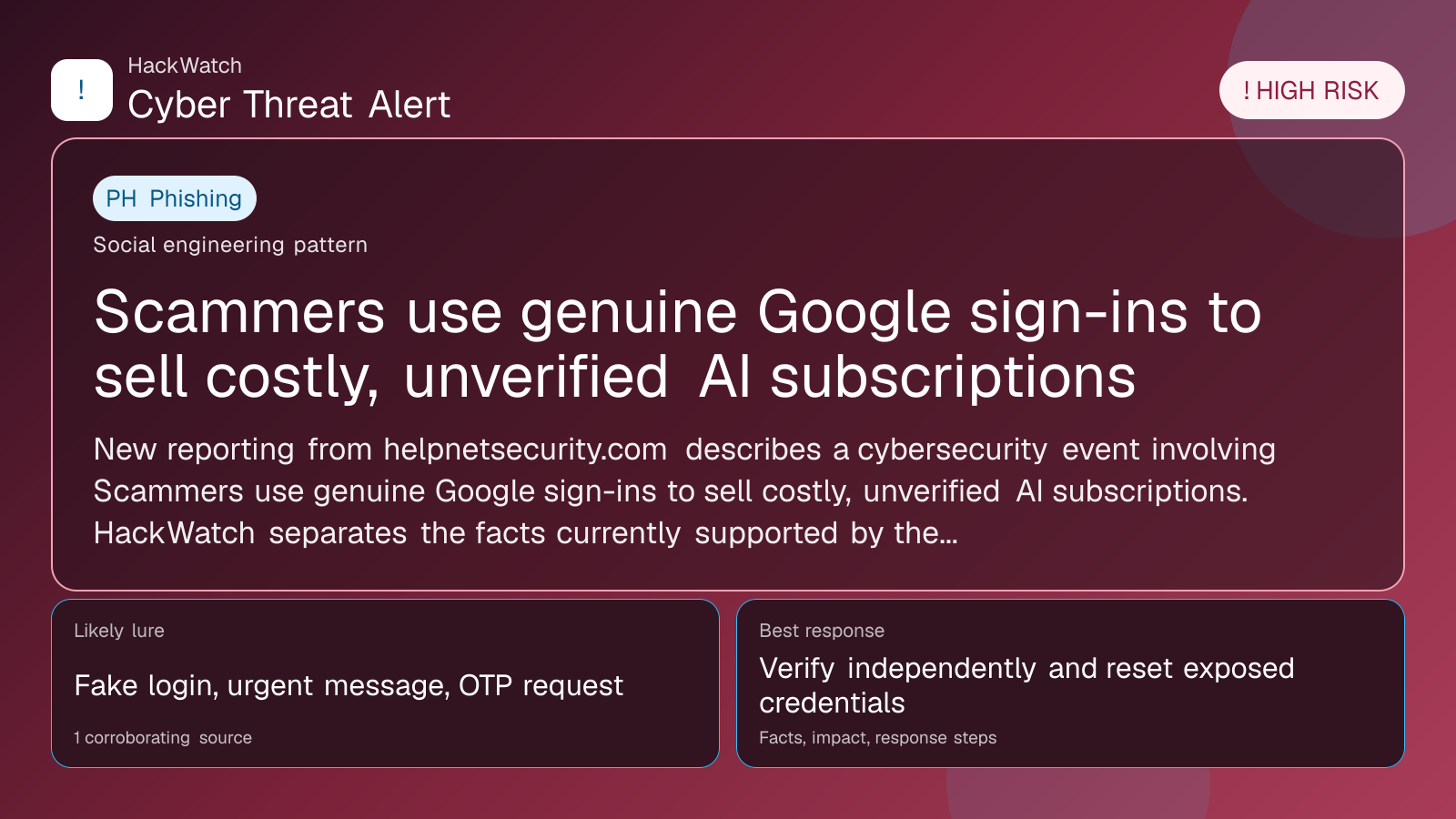 Scammers use genuine Google sign-ins to sell costly, unverified AI subscriptions - HackWatch phishing alert image