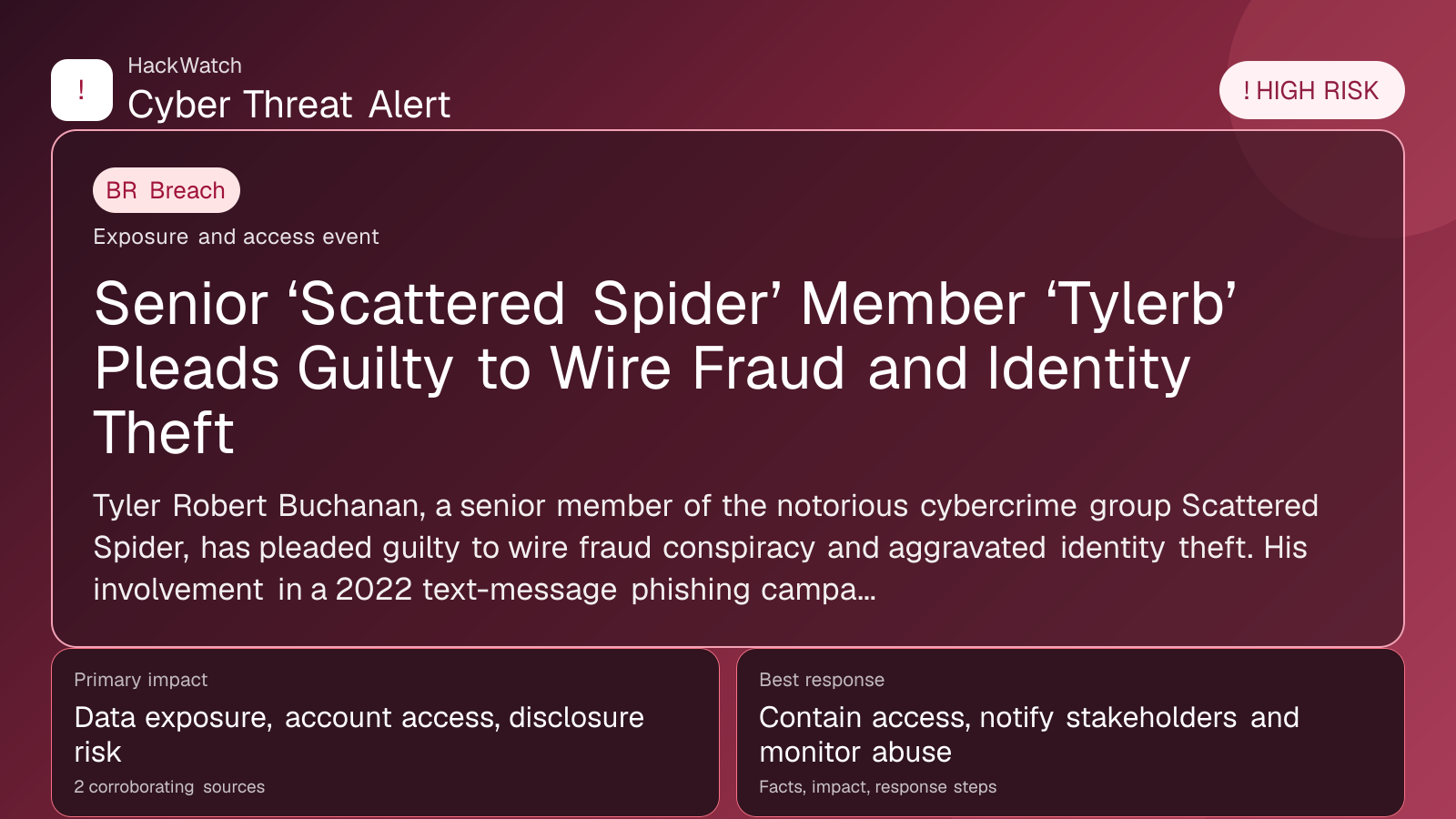 Senior ‘Scattered Spider’ Member ‘Tylerb’ Pleads Guilty to Wire Fraud and Identity Theft - HackWatch breach alert image
