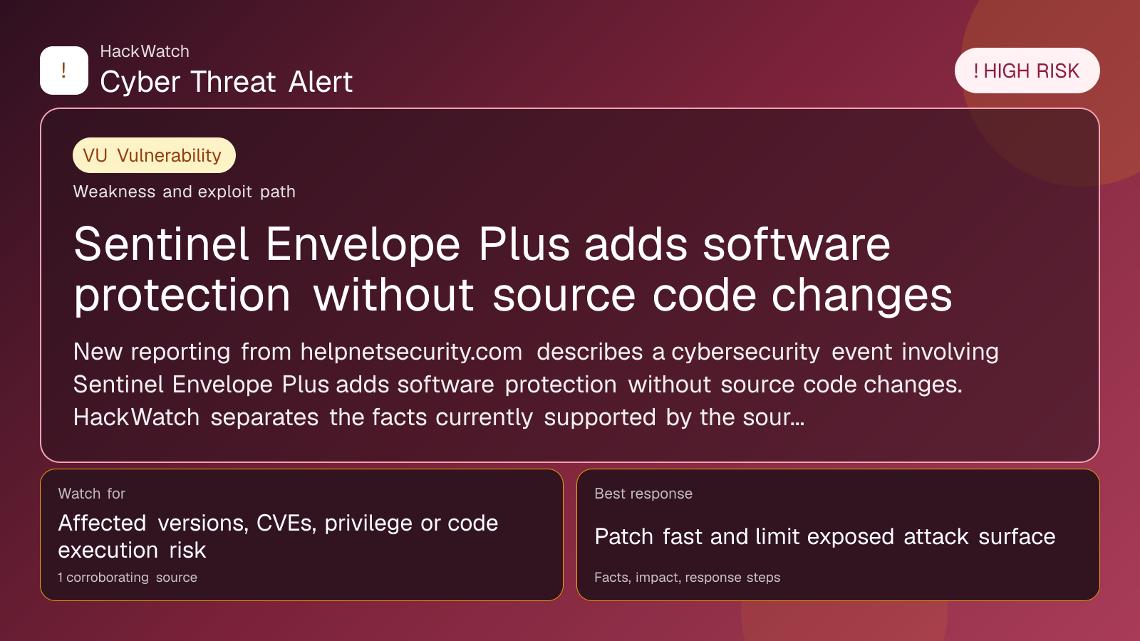 Sentinel Envelope Plus adds software protection without source code changes - HackWatch vulnerability alert image