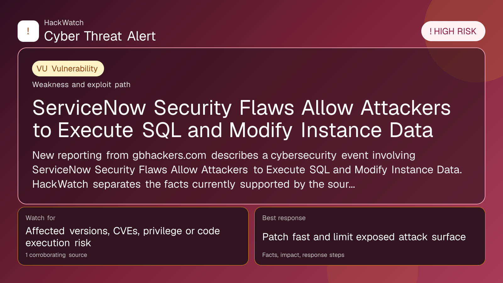 ServiceNow Security Flaws Allow Attackers to Execute SQL and Modify Instance Data - HackWatch vulnerability alert image