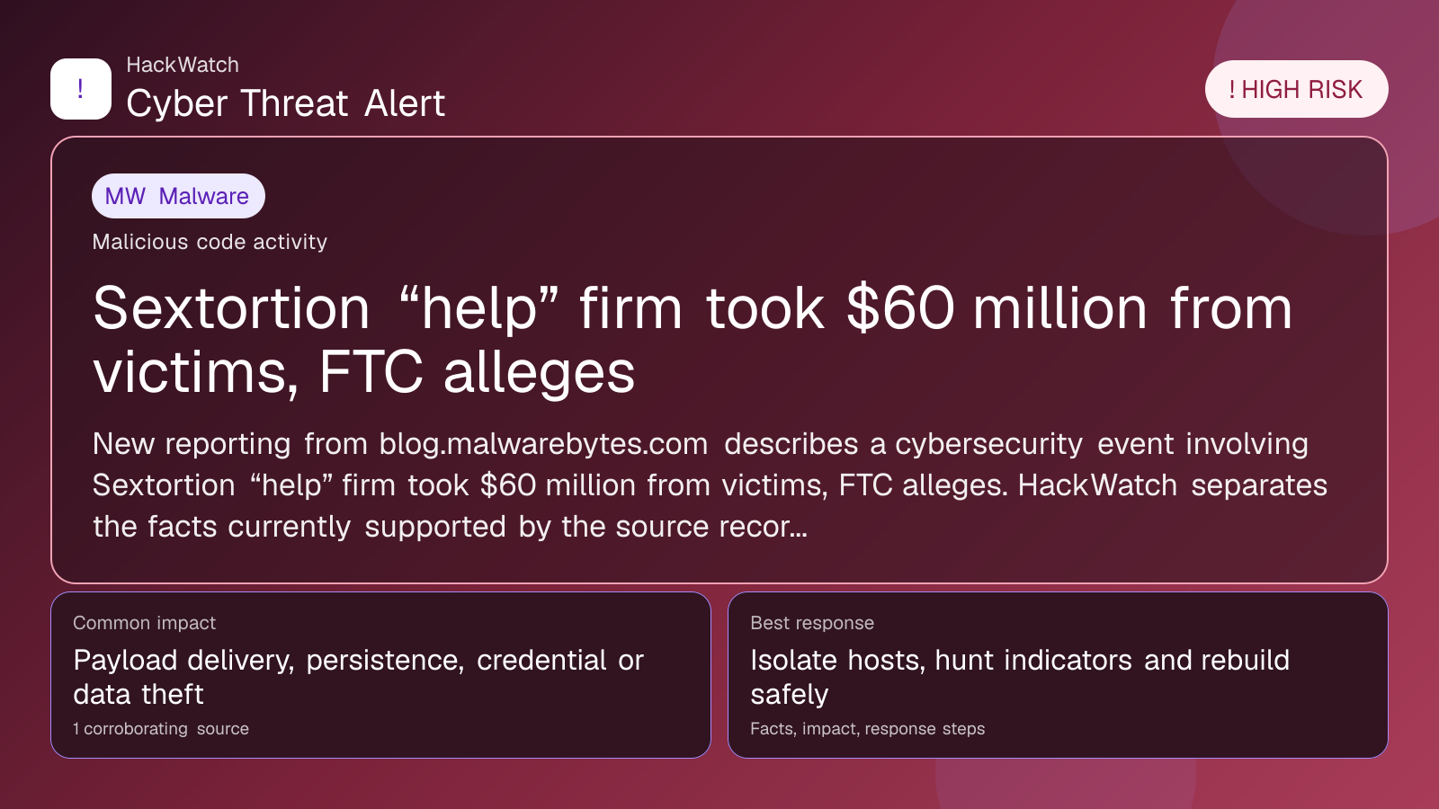 Sextortion “help” firm took $60 million from victims, FTC alleges - HackWatch malware alert image