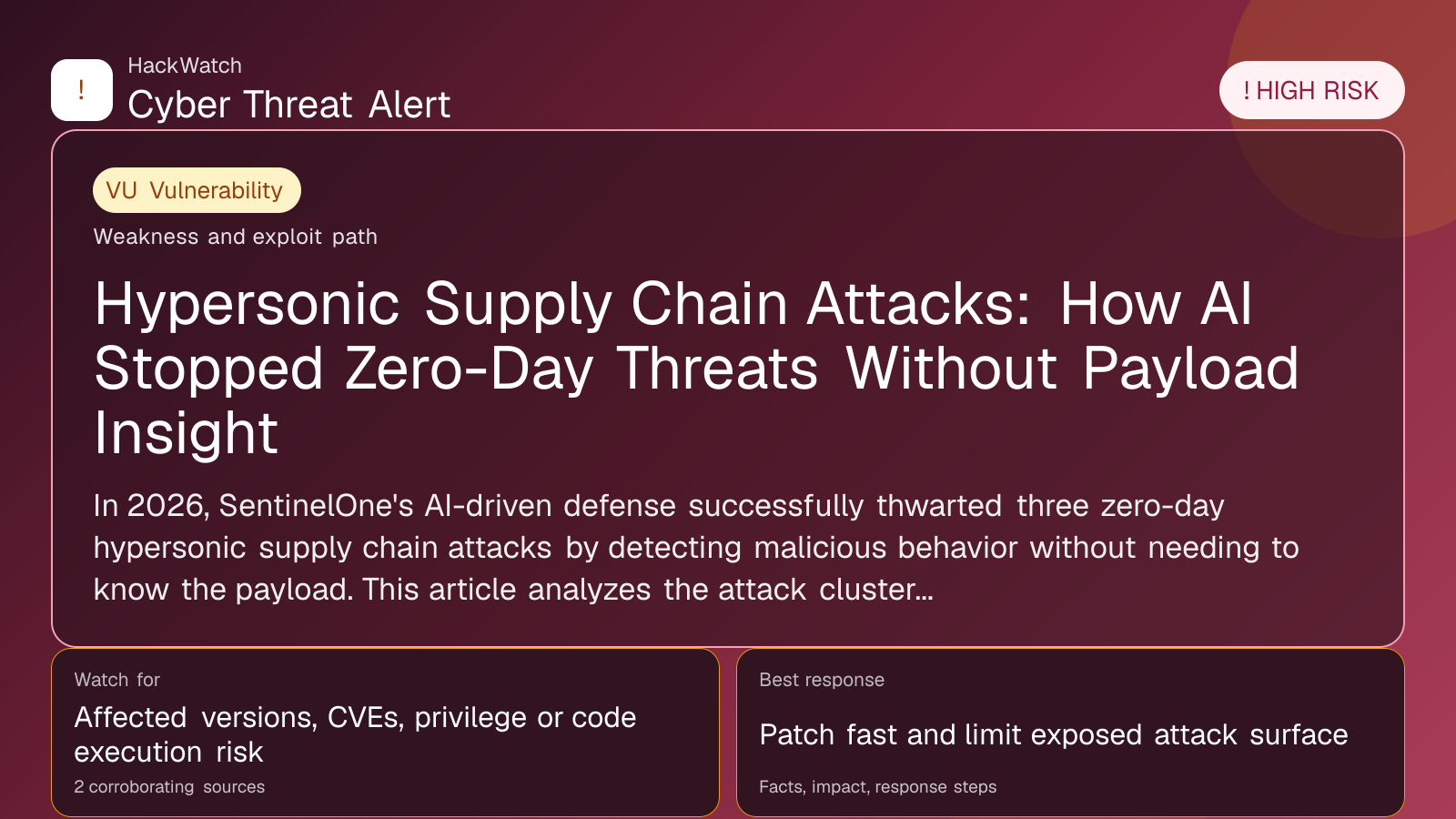 Hypersonic Supply Chain Attacks: How AI Stopped Zero-Day Threats Without Payload Insight - HackWatch vulnerability alert image