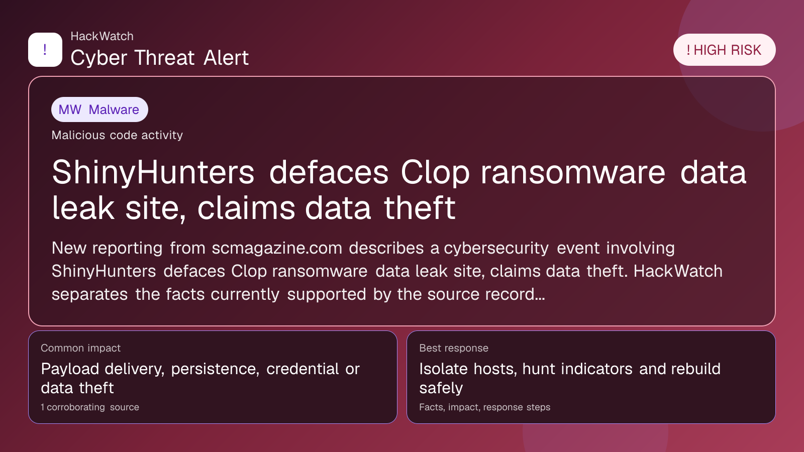 ShinyHunters defaces Clop ransomware data leak site, claims data theft - HackWatch malware alert image