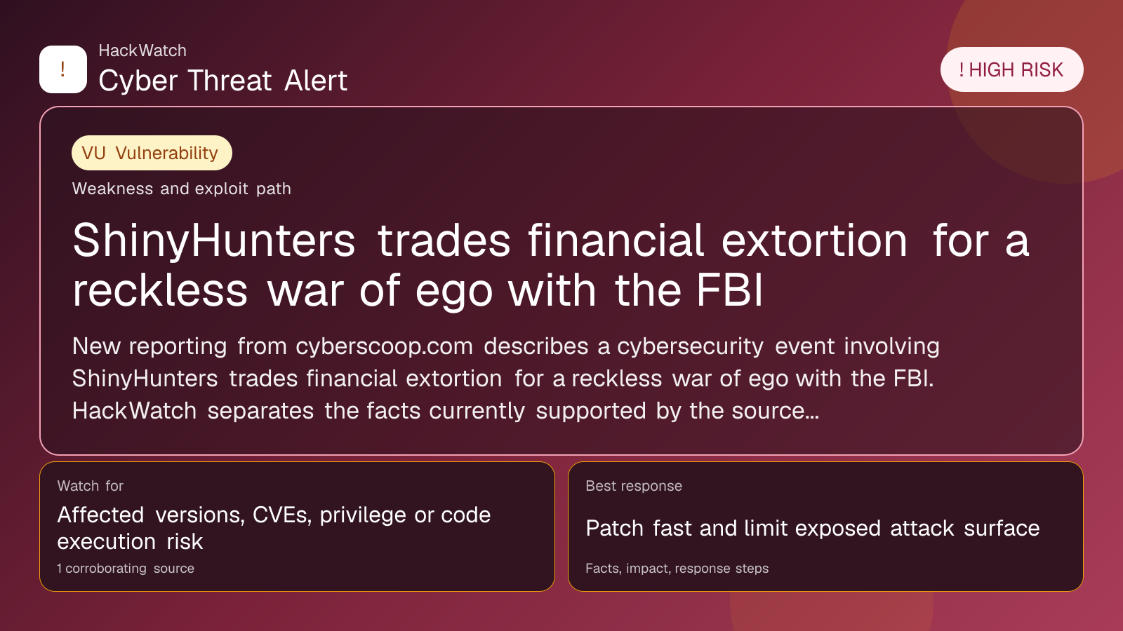 ShinyHunters trades financial extortion for a reckless war of ego with the FBI - HackWatch vulnerability alert image