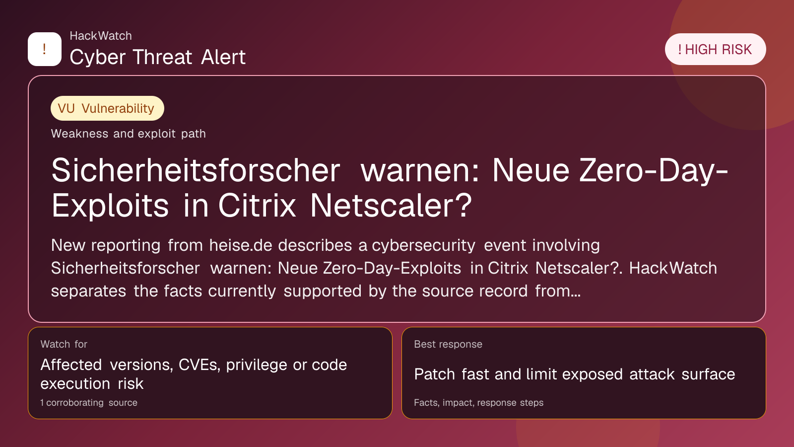 Sicherheitsforscher warnen: Neue Zero-Day-Exploits in Citrix Netscaler? - HackWatch vulnerability alert image