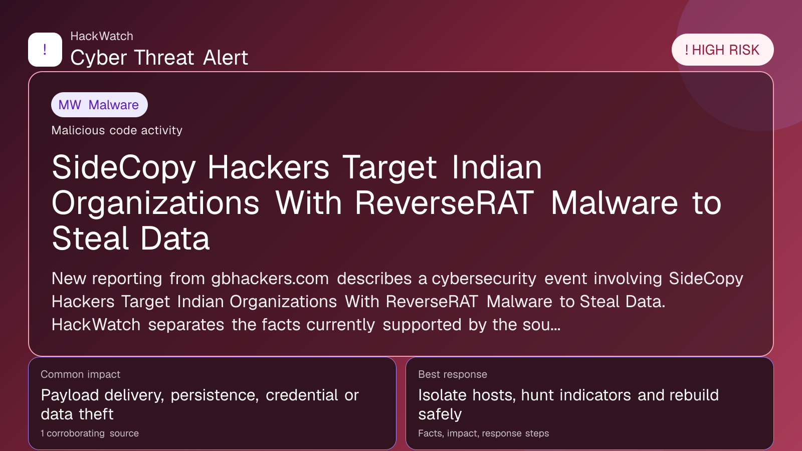 SideCopy Hackers Target Indian Organizations With ReverseRAT Malware to Steal Data - HackWatch malware alert image