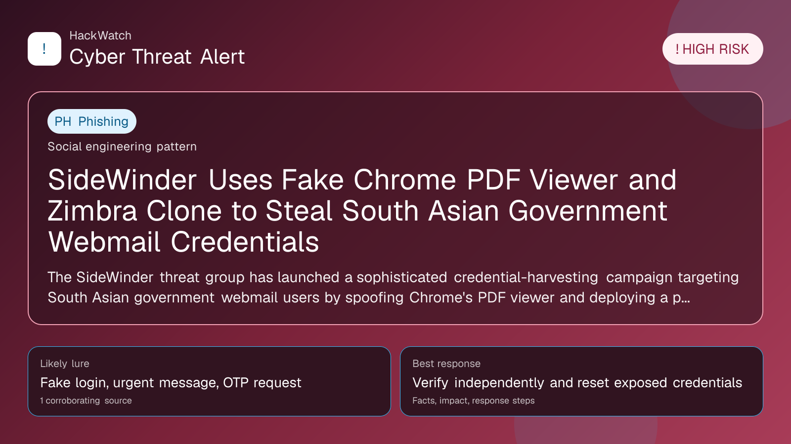 SideWinder Uses Fake Chrome PDF Viewer and Zimbra Clone to Steal South Asian Government Webmail Credentials - HackWatch phishing alert image