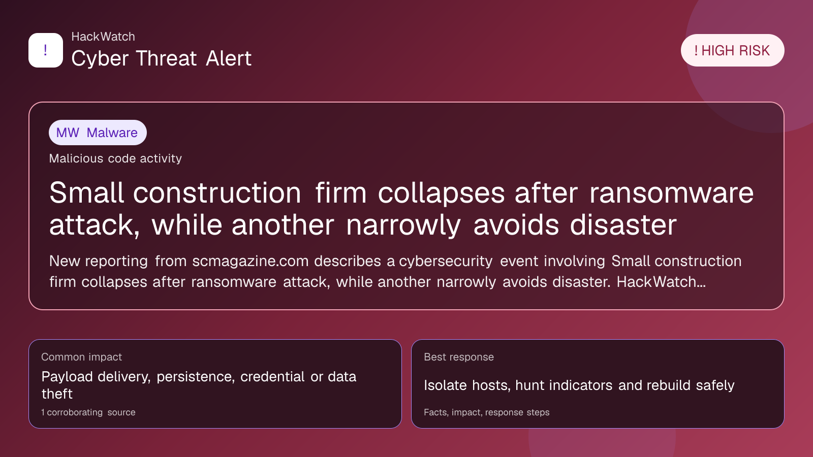Small construction firm collapses after ransomware attack, while another narrowly avoids disaster - HackWatch malware alert image