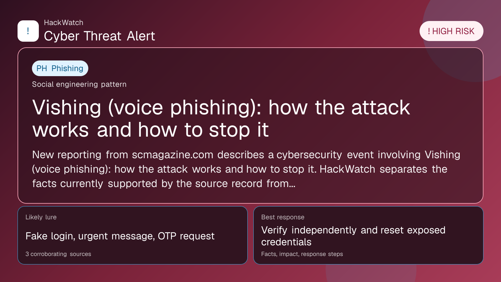 Vishing (voice phishing): how the attack works and how to stop it - HackWatch phishing alert image