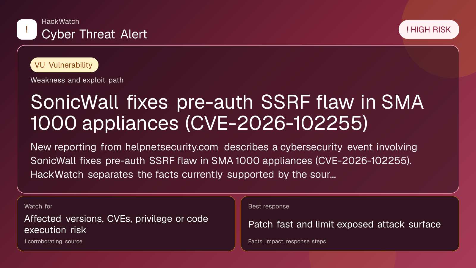 SonicWall fixes pre-auth SSRF flaw in SMA 1000 appliances (CVE-2026-102255) - HackWatch vulnerability alert image
