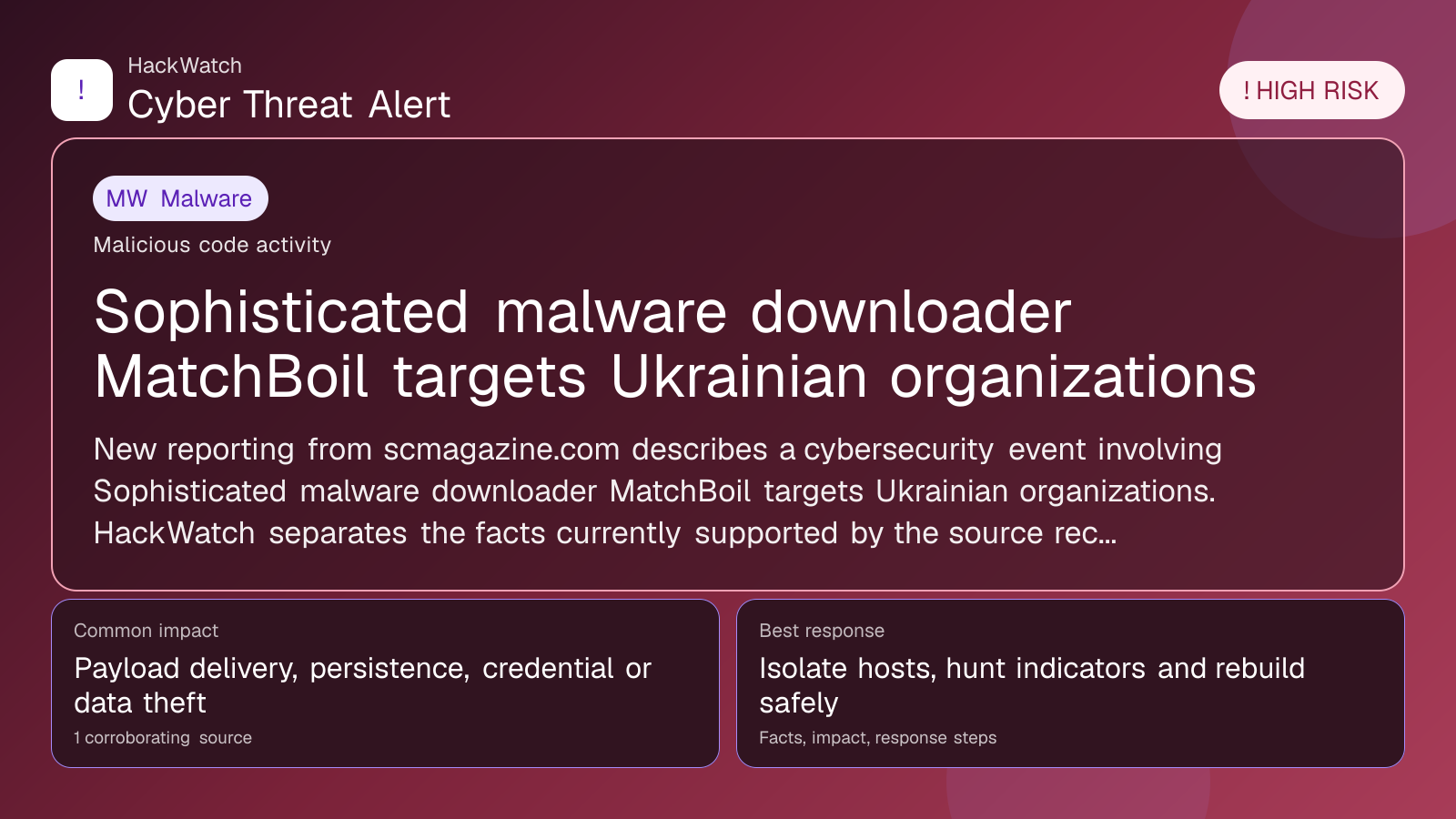 Sophisticated malware downloader MatchBoil targets Ukrainian organizations - HackWatch malware alert image