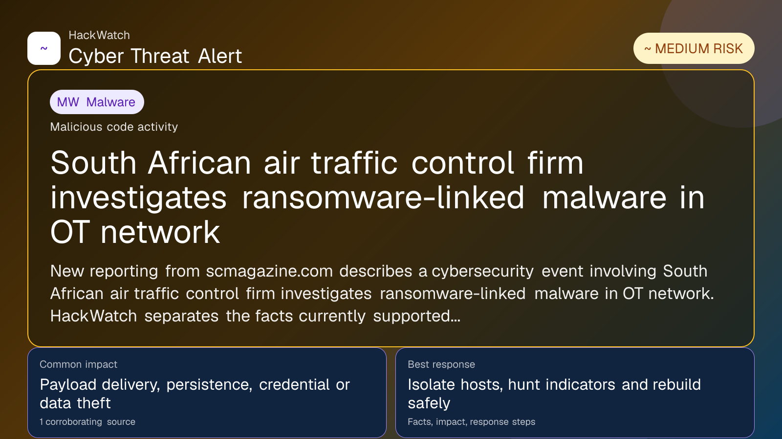 South African air traffic control firm investigates ransomware-linked malware in OT network - HackWatch malware alert image