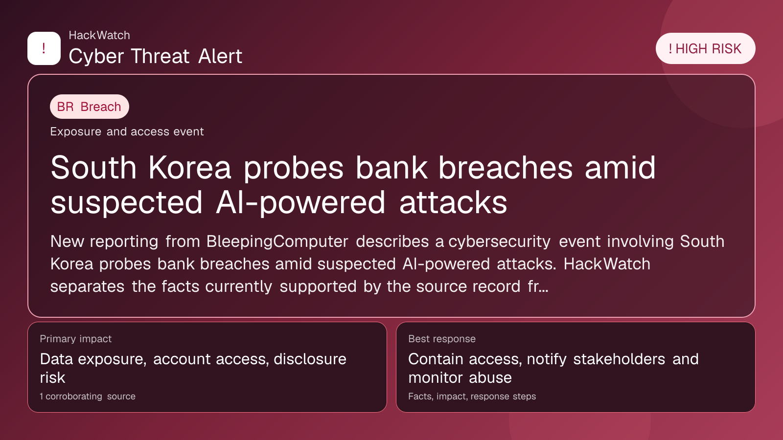 South Korea probes bank breaches amid suspected AI-powered attacks - HackWatch breach alert image