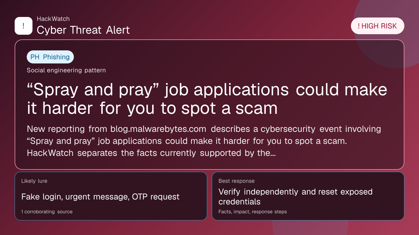 “Spray and pray” job applications could make it harder for you to spot a scam - HackWatch phishing alert image