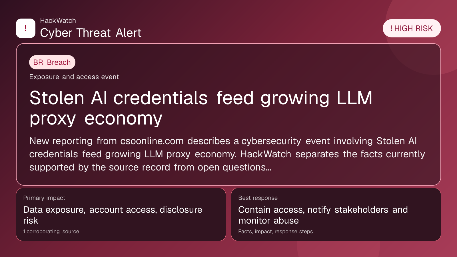 Stolen AI credentials feed growing LLM proxy economy - HackWatch breach alert image