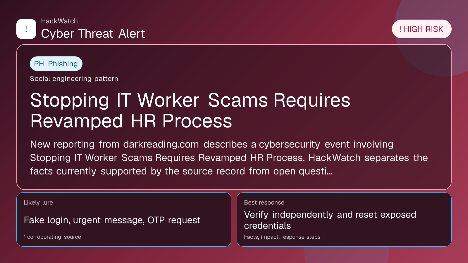 Stopping IT Worker Scams Requires Revamped HR Process - HackWatch phishing alert image