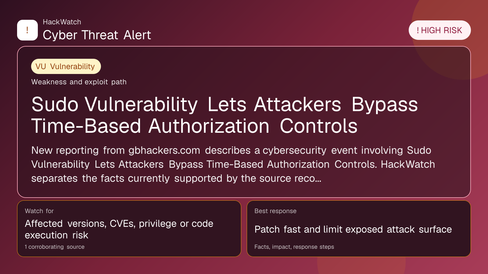 Sudo Vulnerability Lets Attackers Bypass Time-Based Authorization Controls - HackWatch vulnerability alert image