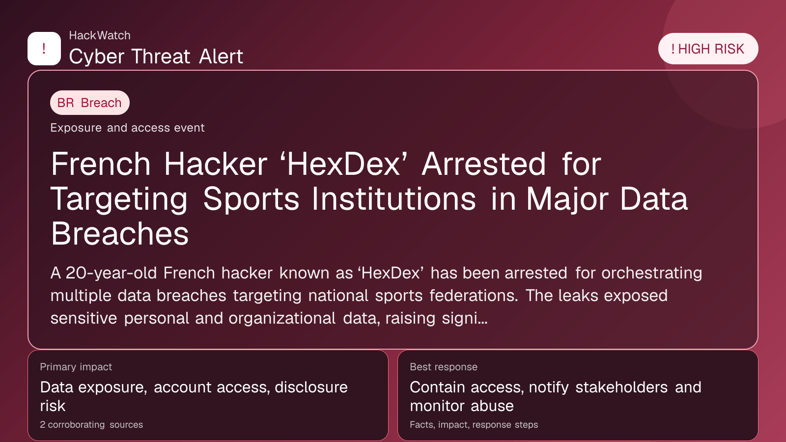 French Hacker ‘HexDex’ Arrested for Targeting Sports Institutions in Major Data Breaches - HackWatch breach alert image