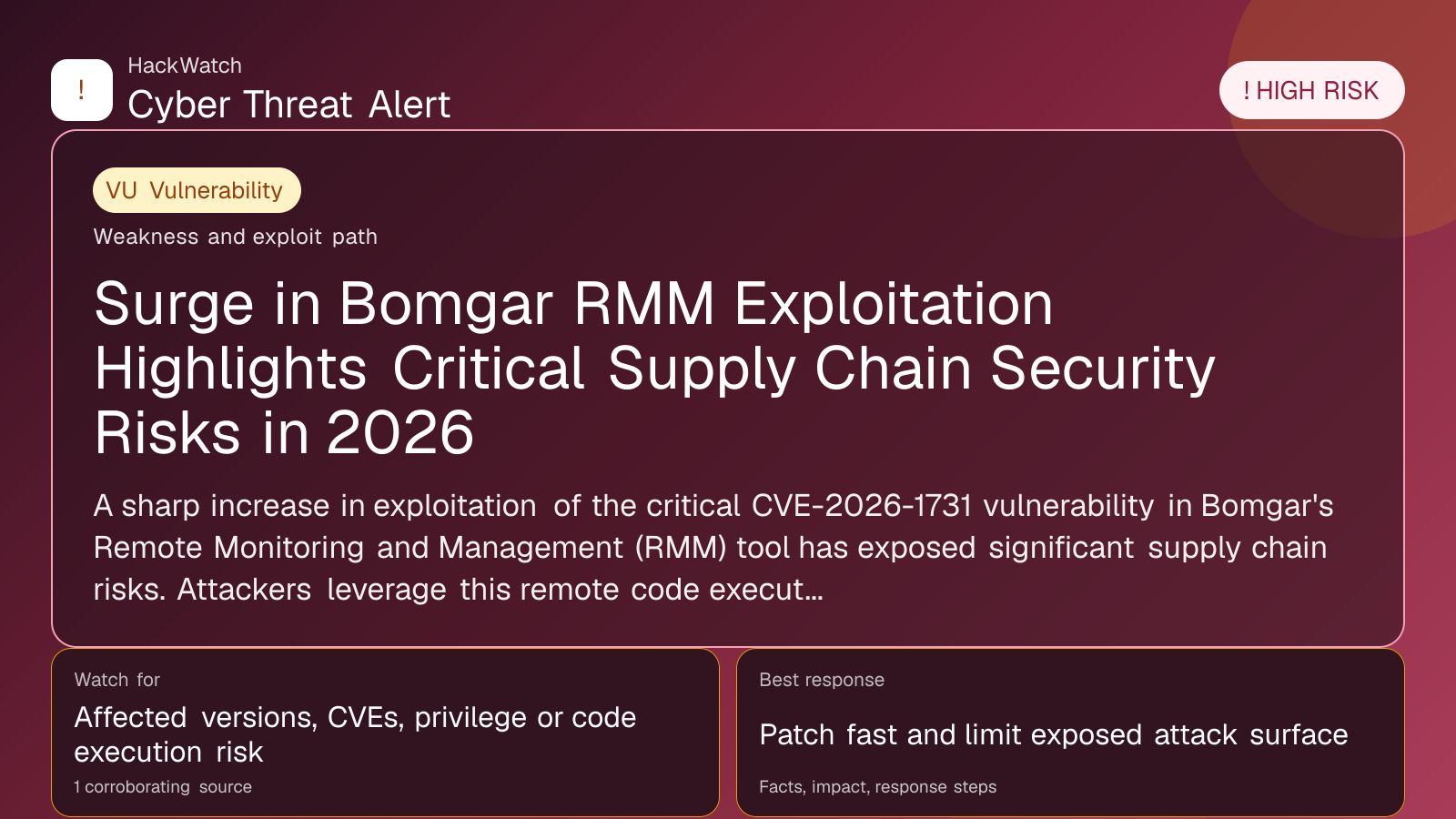 Surge in Bomgar RMM Exploitation Highlights Critical Supply Chain Security Risks in 2026 - HackWatch vulnerability alert image