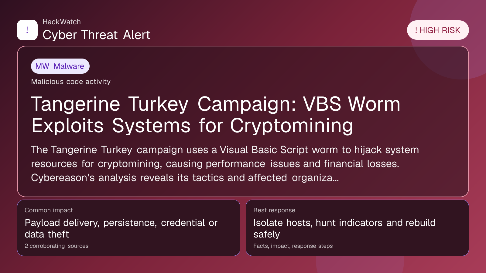 Tangerine Turkey Campaign: VBS Worm Exploits Systems for Cryptomining - HackWatch malware alert image