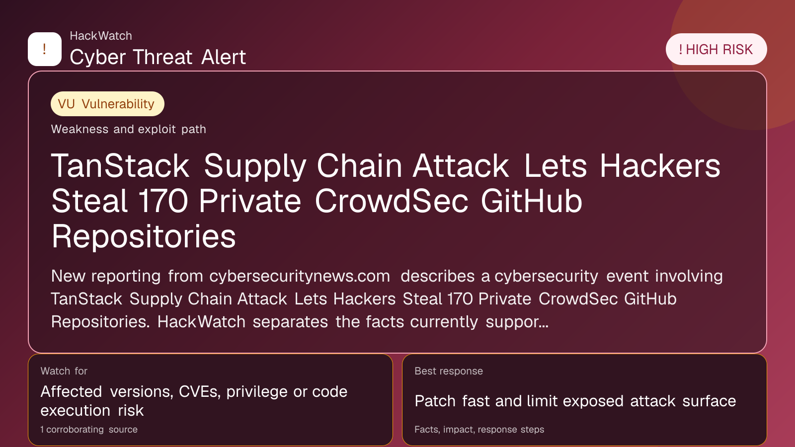 TanStack Supply Chain Attack Lets Hackers Steal 170 Private CrowdSec GitHub Repositories - HackWatch vulnerability alert image
