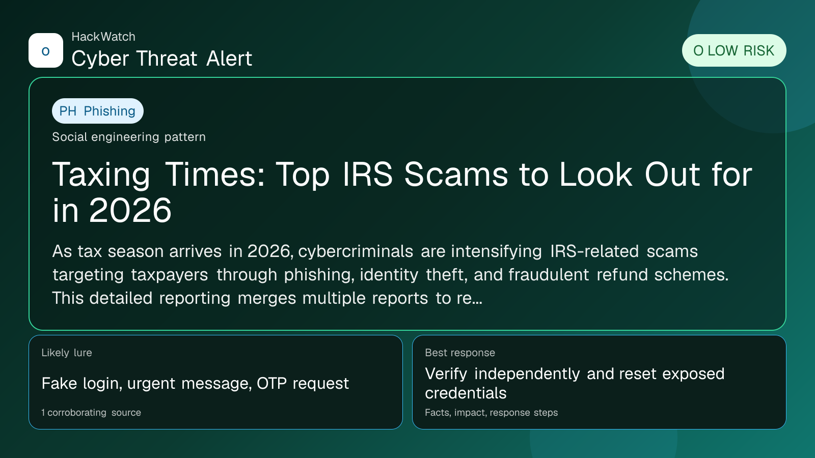 Taxing Times: Top IRS Scams to Look Out for in 2026 - HackWatch phishing alert image