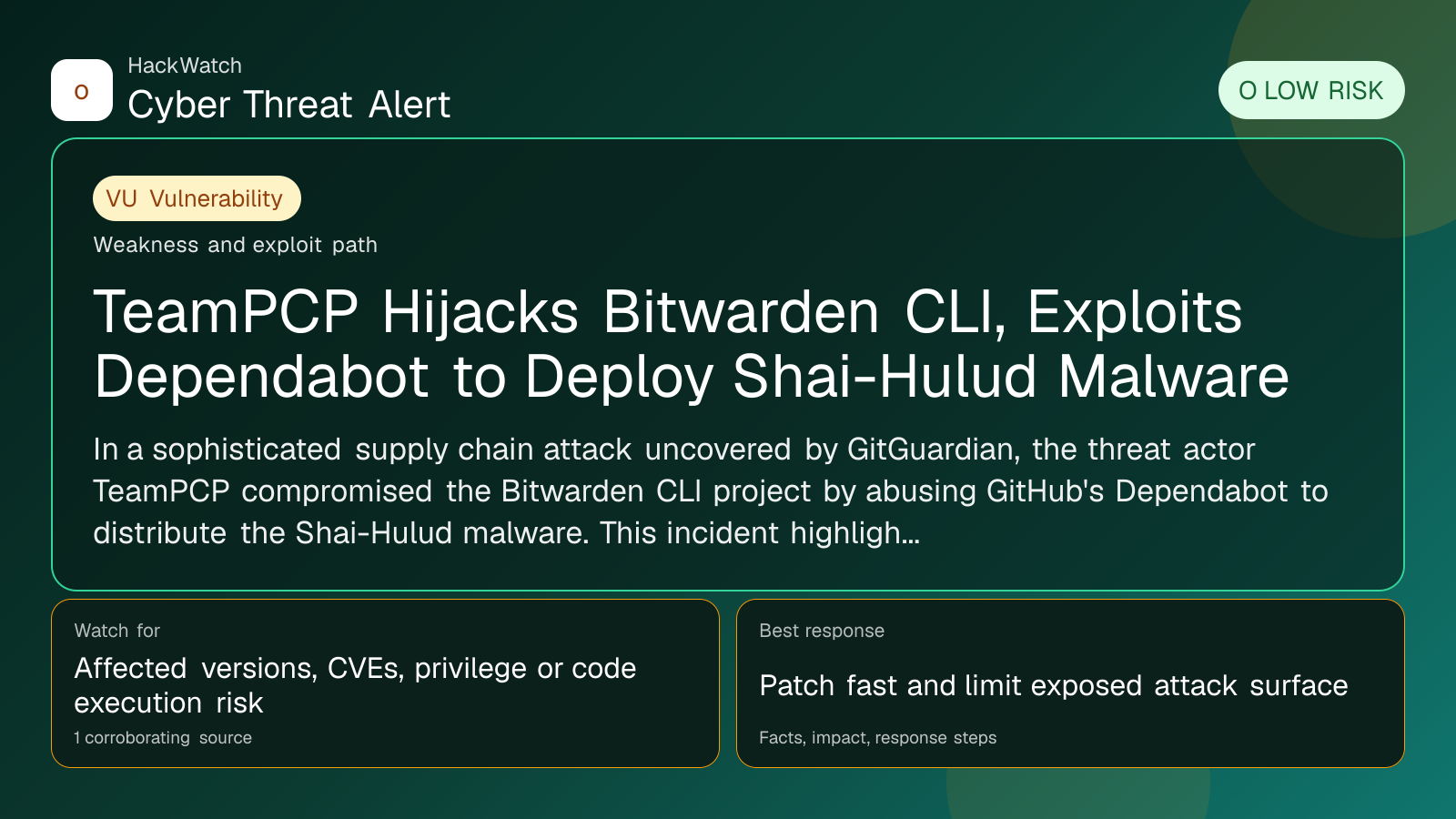 TeamPCP Hijacks Bitwarden CLI, Exploits Dependabot to Deploy Shai-Hulud Malware - HackWatch vulnerability alert image