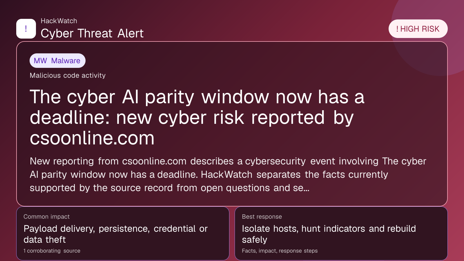 The cyber AI parity window now has a deadline: new cyber risk reported by csoonline.com - HackWatch malware alert image