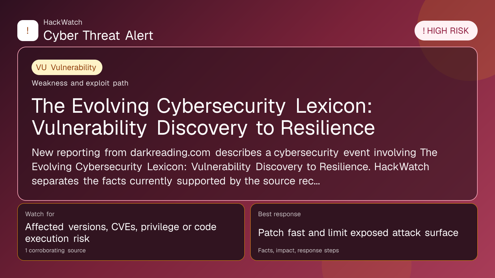 The Evolving Cybersecurity Lexicon: Vulnerability Discovery to Resilience - HackWatch vulnerability alert image