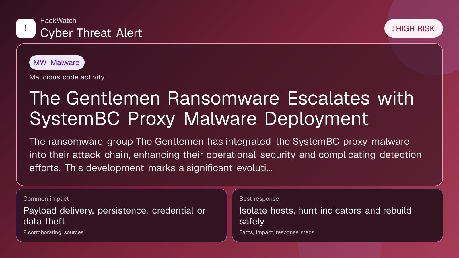 The Gentlemen Ransomware Escalates with SystemBC Proxy Malware Deployment - HackWatch malware alert image