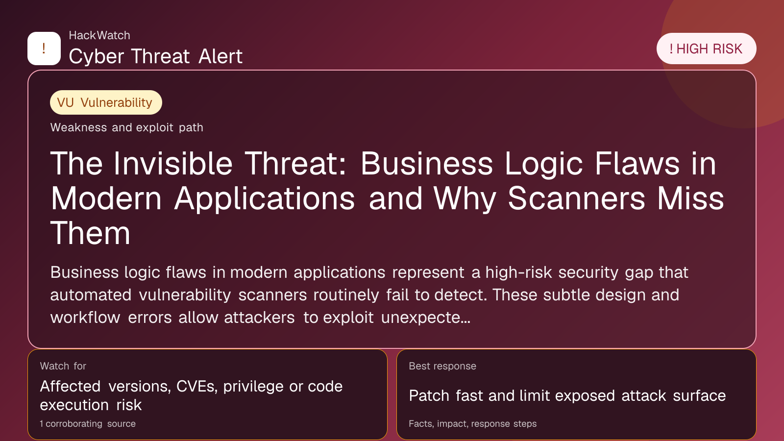The Invisible Threat: Business Logic Flaws in Modern Applications and Why Scanners Miss Them - HackWatch vulnerability alert image