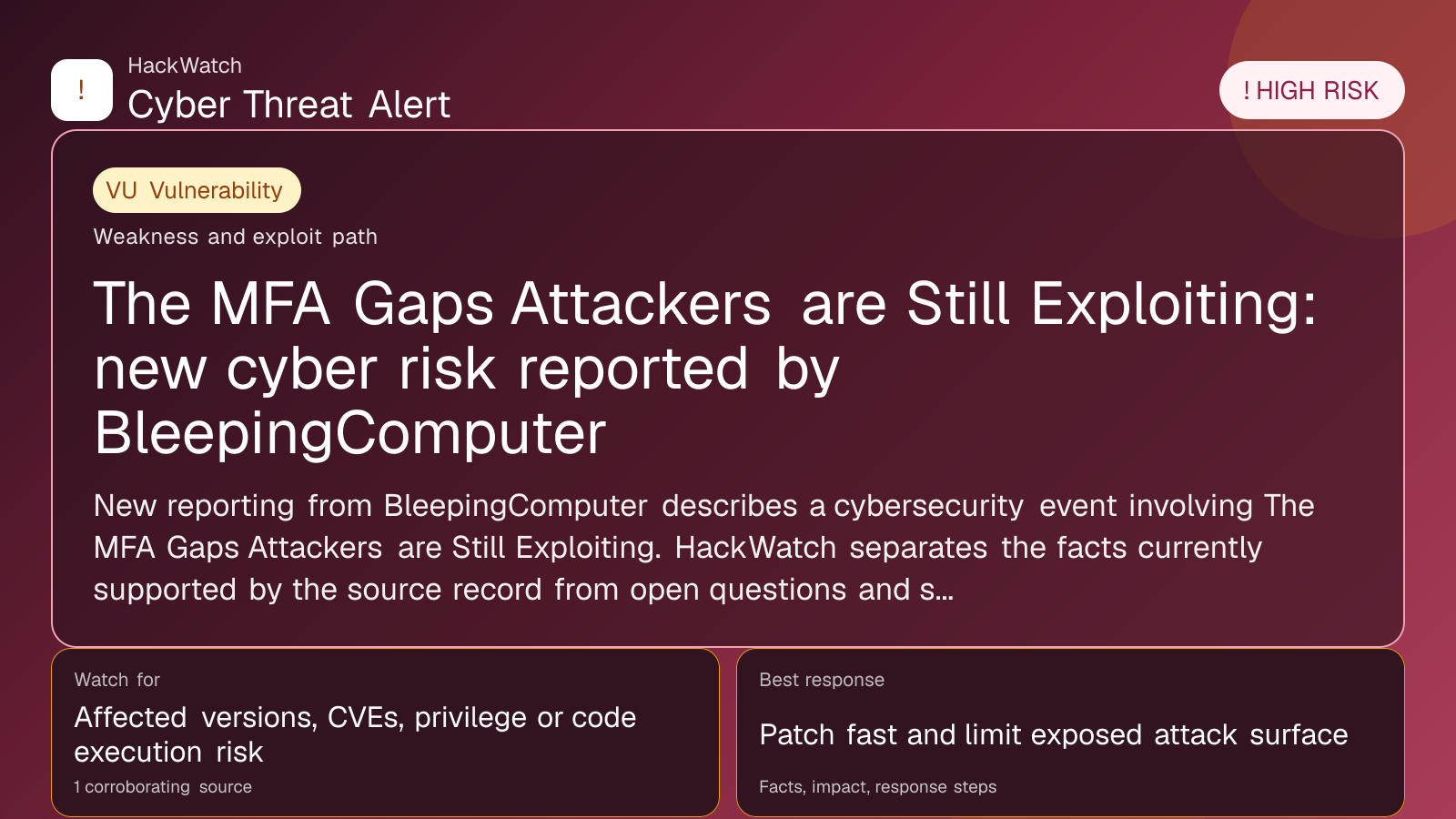 The MFA Gaps Attackers are Still Exploiting: new cyber risk reported by BleepingComputer - HackWatch vulnerability alert image