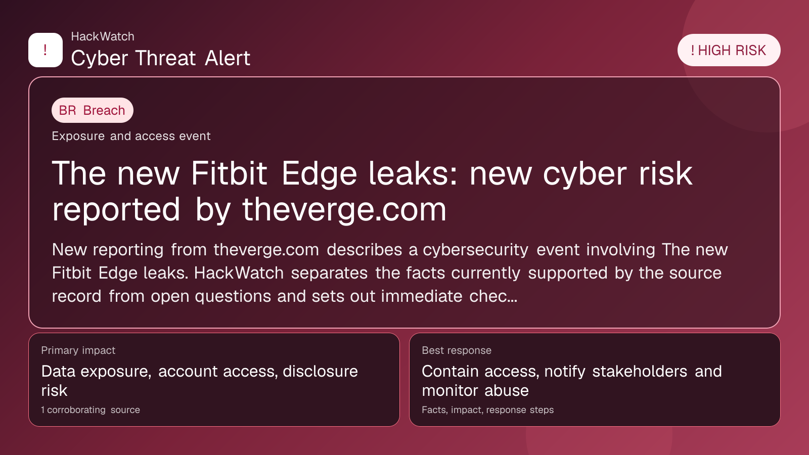 The new Fitbit Edge leaks: new cyber risk reported by theverge.com - HackWatch breach alert image