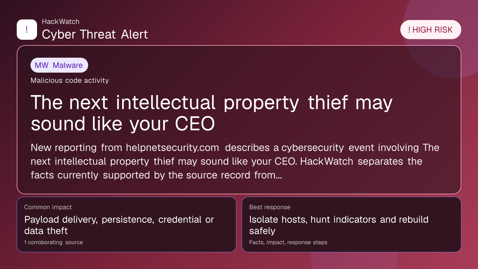 The next intellectual property thief may sound like your CEO - HackWatch malware alert image
