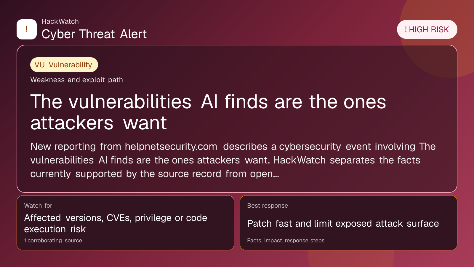 The vulnerabilities AI finds are the ones attackers want - HackWatch vulnerability alert image