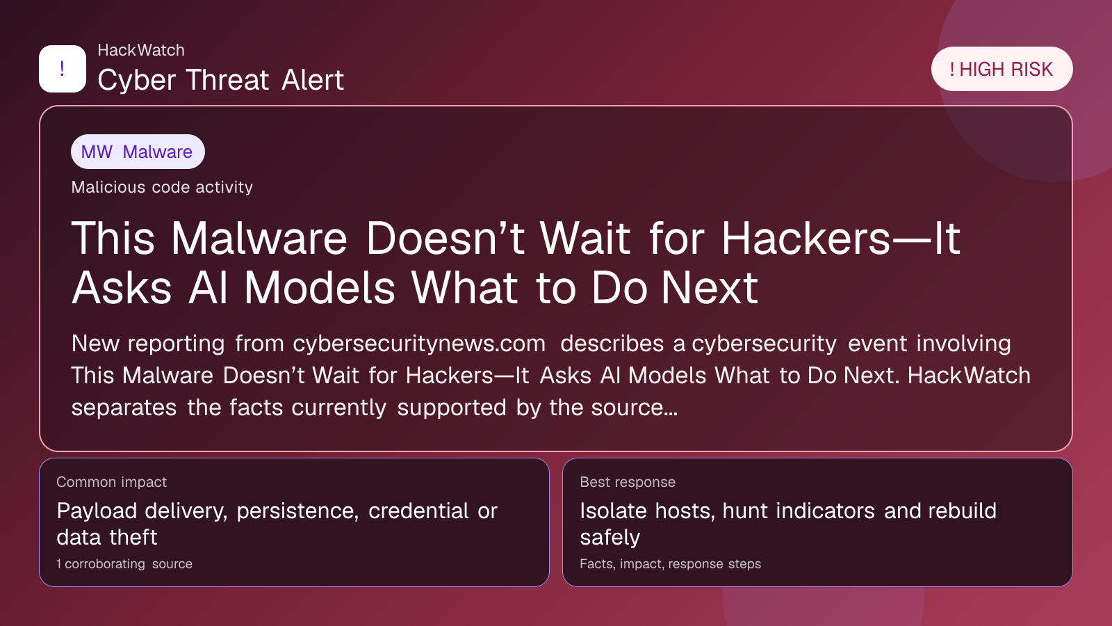 This Malware Doesn’t Wait for Hackers—It Asks AI Models What to Do Next - HackWatch malware alert image