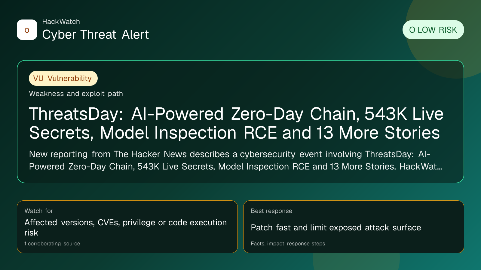 ThreatsDay: AI-Powered Zero-Day Chain, 543K Live Secrets, Model Inspection RCE and 13 More Stories - HackWatch vulnerability alert image