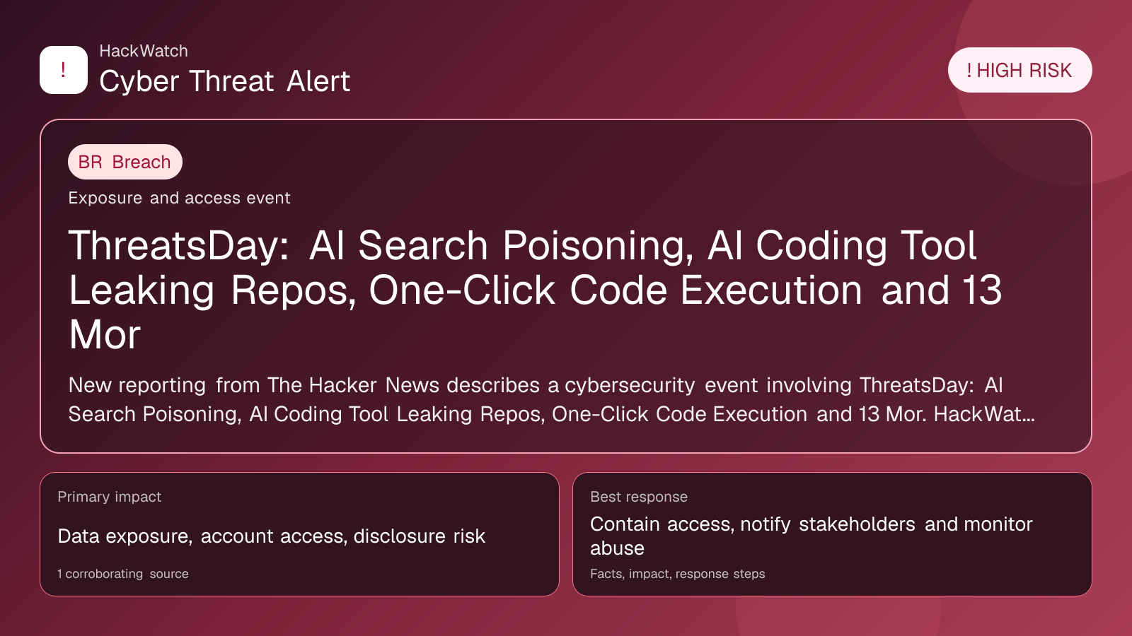 ThreatsDay: AI Search Poisoning, AI Coding Tool Leaking Repos, One-Click Code Execution and 13 Mor - HackWatch breach alert image