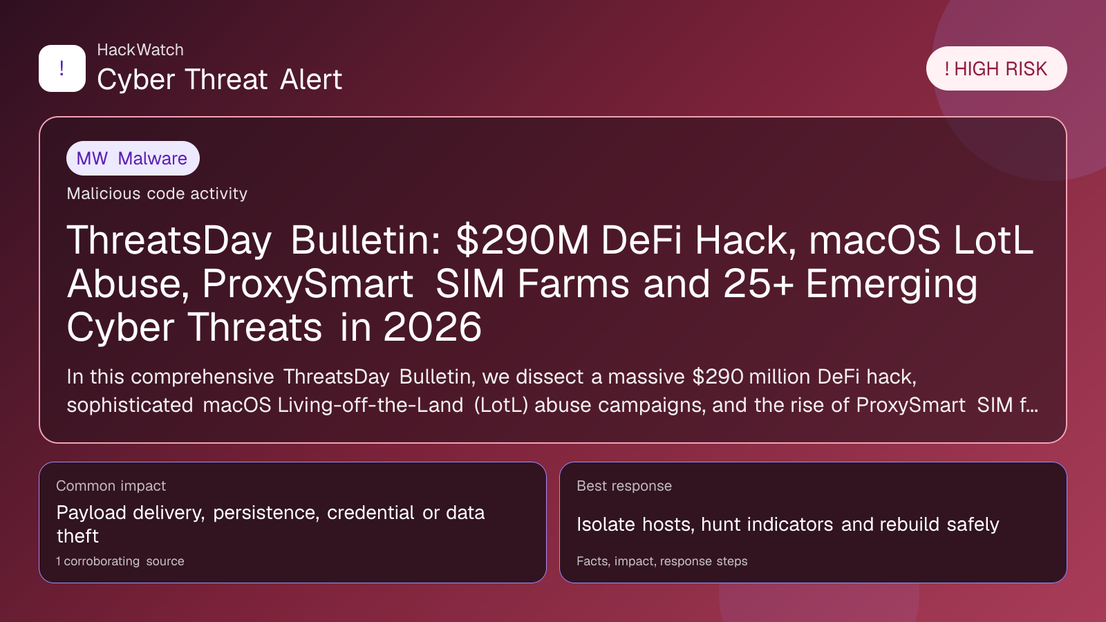 ThreatsDay Bulletin: $290M DeFi Hack, macOS LotL Abuse, ProxySmart SIM Farms and 25+ Emerging Cyber Threats in 2026 - HackWatch malware alert image