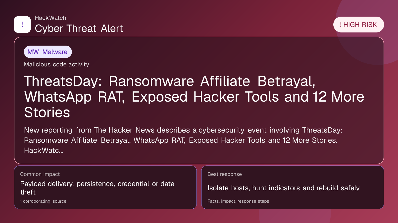 ThreatsDay: Ransomware Affiliate Betrayal, WhatsApp RAT, Exposed Hacker Tools and 12 More Stories - HackWatch malware alert image