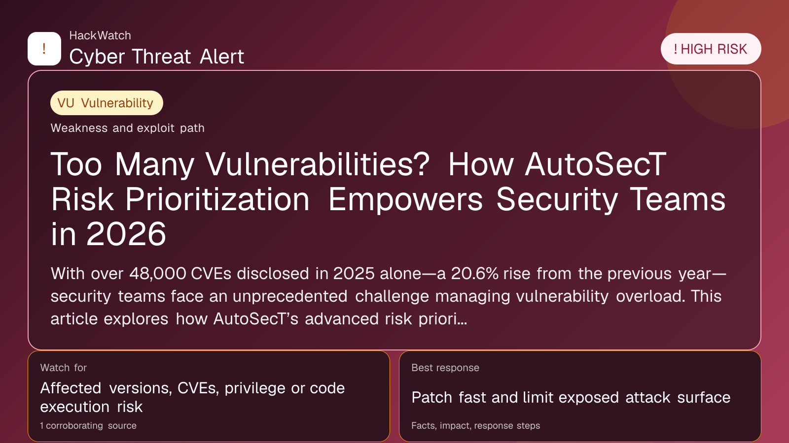 Too Many Vulnerabilities? How AutoSecT Risk Prioritization Empowers Security Teams in 2026 - HackWatch vulnerability alert image