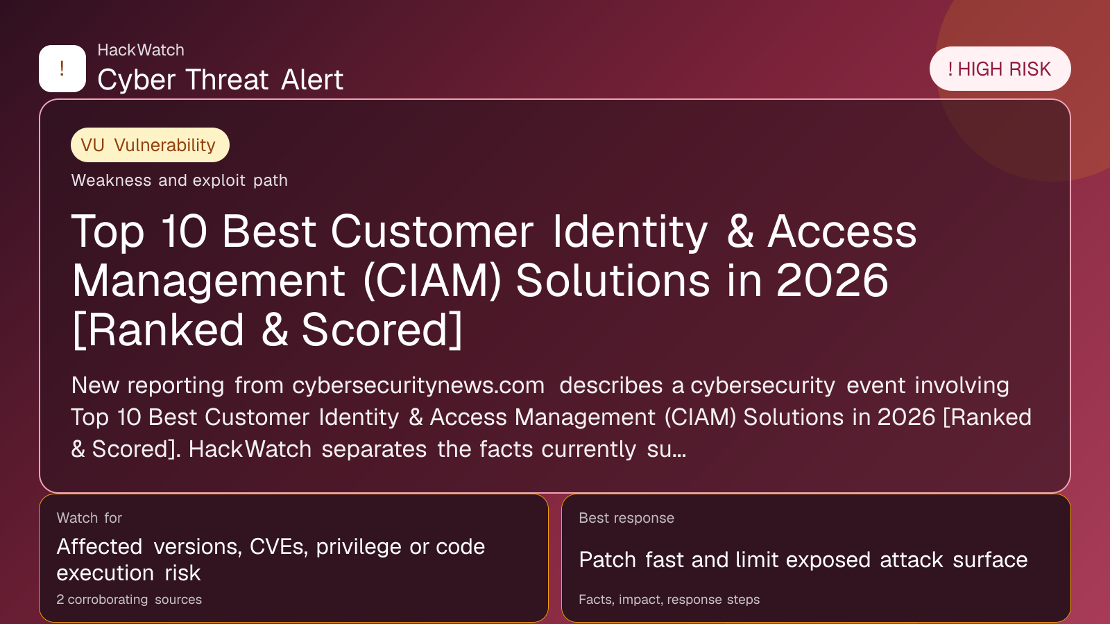 Top 10 Best Customer Identity & Access Management (CIAM) Solutions in 2026 [Ranked & Scored] - HackWatch vulnerability alert image